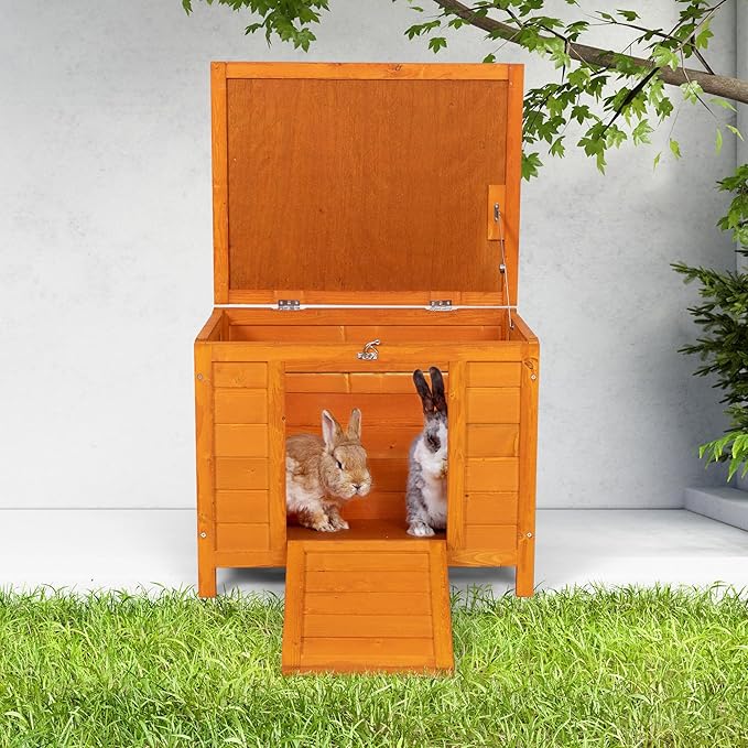COZIWOW 24inches Wooden Catio Outdoor Cat House Small Animal House，Rabbit Hutch Indoor，Stable Weatherproof Bunny Cage Pet Shelter for Small Cat Dog Rabbit Guinea Pig(Orange)