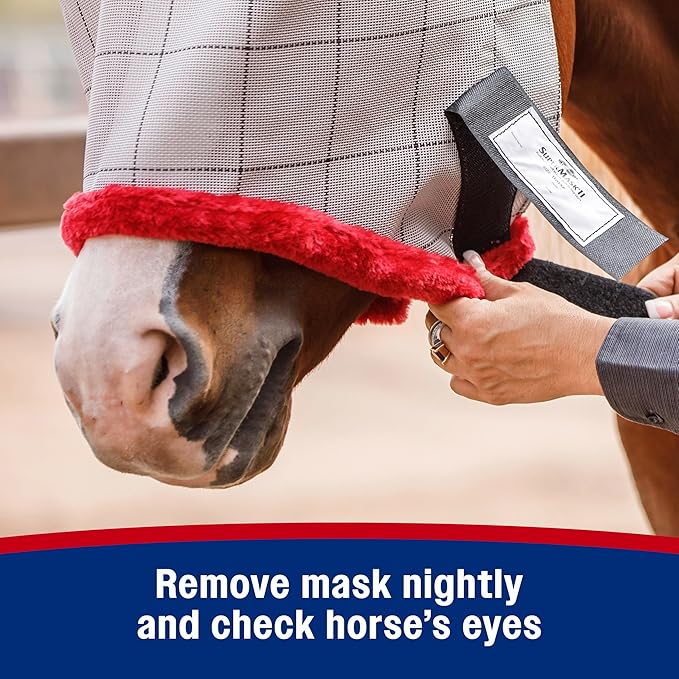 Farnam SuperMask II horse fly mask without ears, extended coverage, protects eyes from insects and debris, adjustable throat latch, Average Horse Size