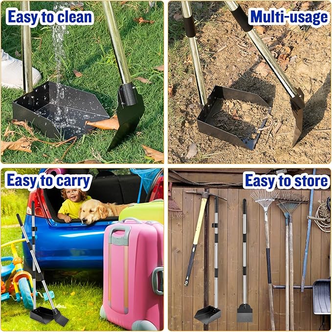 Dog Pooper Scooper,Tray and Spade Set Poop Scooper for Dogs, Adjustable Long Handle Metal Pooper Scooper with Bin for Pet Waste Removal, No Bending Clean Up for Medium and Large Dogs