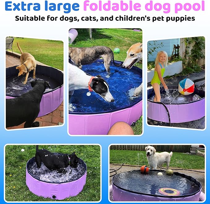 2025 Updated Foldable Dog Pool, 63" x 12" Kiddie Pool with Hard Plastic, Non-Slip Dog Bath Tub for Outdoor Backyard, Collapsible Dog Swimming Pool for Kids Dogs Pets (Pink)