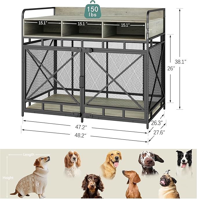 Dog Crate Furniture, 48" Heavy Duty Wooden Dog Crate End Table, XL Dog Kennel Furniture Large Breed, Decorative Dog Kennel Indoor with 3 Drawers & Steel Tubes 48" L x28 W x38 H (Grey)