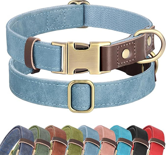 Didog Soft PU Leather Dog Collars for Medium Dogs,Classic Adjustable Dog Collars with Quick Release Metal Buckle,Easy Clean and Comfortable with Nylon Lining,Denim Blue,M Neck 13-19"