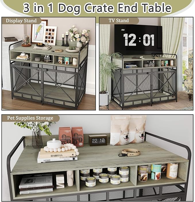 Dog Crate Furniture, 48" Heavy Duty Wooden Dog Crate End Table, XL Dog Kennel Furniture Large Breed, Decorative Dog Kennel Indoor with 3 Drawers & Steel Tubes 48" L x28 W x38 H (Grey)
