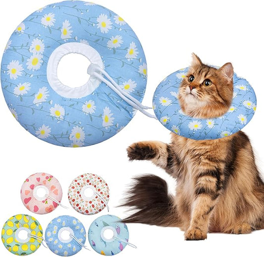 Cat Cone Collar Soft, Adjustable Cat Recovery Collars Kitten Cones to Stop Licking, Cute Donut E Collar After Surgery, Wound Healing Elizabethan Collar for Kitten(Blue Daisy, Large)