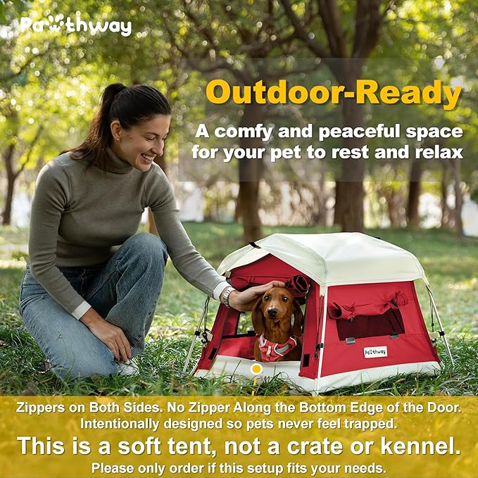 Dog Tent Cotton Fabric, Aluminum Poles and Camping Mat, Outdoor Weatherproof, Dog House Outdoor, Breathable with 2 Side Windows, Portable and Collapsible (Red, Small)