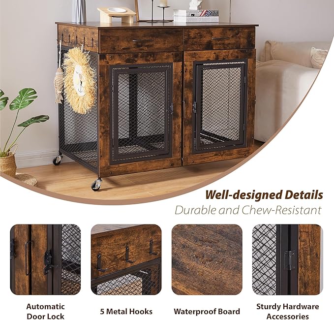 43" Large Dog Crate Furniture, Wood Dog Kennel End Table with Drawers, Decorative Pet Crate with Removable Partitions & Wheels, Dog House Indoor for Large/Medium/Small Dogs