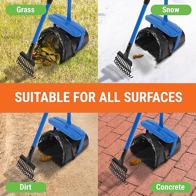 Dog Pooper Scooper with Bag Attachment, 40" Long Handle Pooper Scooper for Large Dogs, Dog Poop Scoop for Yard, Large Capacity Swivel Bin and Rake, Lavender Scented Bags (Blue)