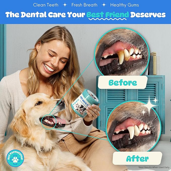 All-in-1 Dog Teeth Cleaning Wipes | Enzymatic Whitening + Premium Scrubbing Beads | No Mess, Pet Dental Wipes & Finger Tooth Brushing Kit | Plant-Based Dental Care for Cats & Dogs (60 Count)