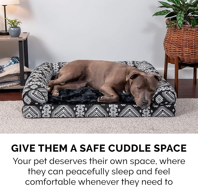 Furhaven Orthopedic Dog Bed for Large Dogs w/ Removable Bolsters & Washable Cover, For Dogs Up to 95 lbs - Plush & Southwest Kilim Woven Decor Sofa - Black Medallion, Jumbo/XL