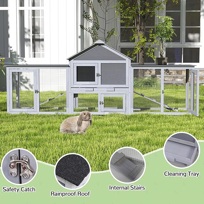 82.5” Large Wooden Rabbit Hutch Outdoor Easy to Assemble Rabbit Cage and Durable Bunny Hutch Indoor with Cleaning Tray & Waterproof Roof for Small and Medium Bunny Rabbit Chick (Grey)