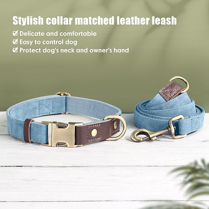 Didog Soft PU Leather Dog Collar for Large Dogs,Classic Adjustable Dog Collars with Quick Release Metal Buckle,Easy Clean and Comfortable with Nylon Lining,Denim Blue,L Neck 15-23"