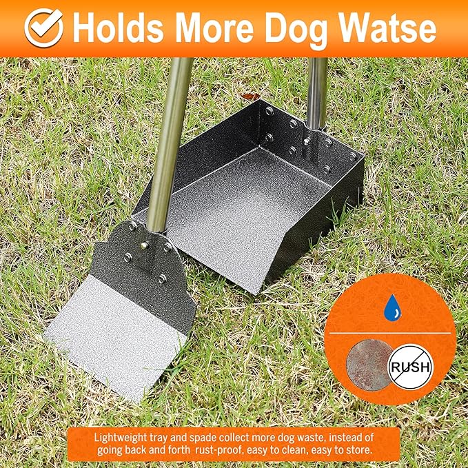Dog Pooper Scooper, Adjustable Handle Poop Scooper with Tray,Rake and Spade Set of 3, Steel Stainless Poop Scoop for Small Medium Dogs and Pet Waste on Grass, Dirt and Gravel (Medium Size)