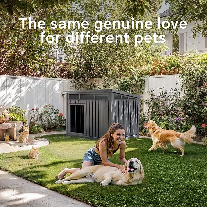 Dog House Indoor Outdoor,Resin Waterproof Puppy Shelter with Air Vents and Elevated Floor,Air Rod on Top to Open,Dog Kennel for Small to Medium Dogs(Grey,32.2 * 25.12 * 24.13)