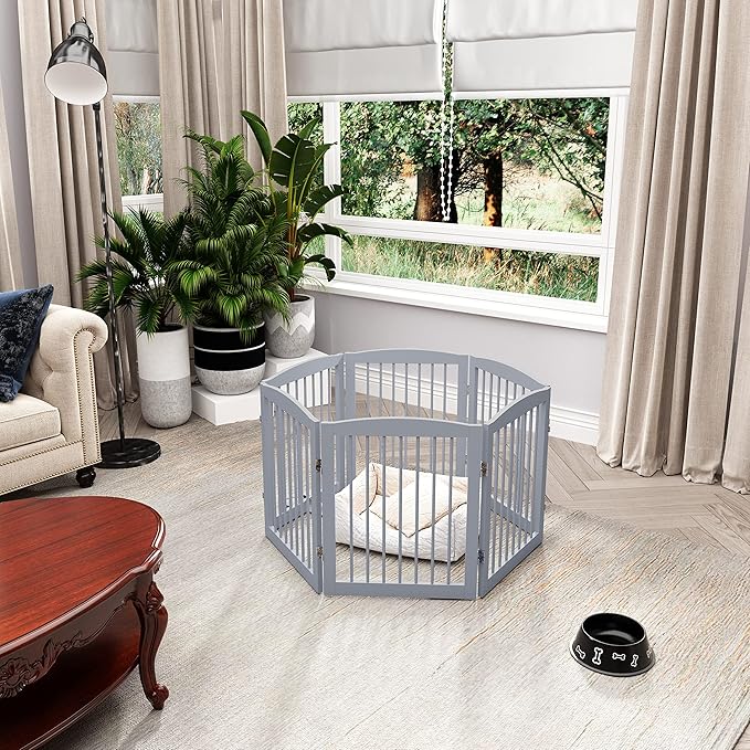 Freestanding Pet Gate for Dogs, Foldable Wooden Dog Gate for House, Extra Wide Indoor Pet Barrier for Stair, Doorway, Hall, Support Feet Included, 120 Inch Wide, 6 Panels 24", Grey