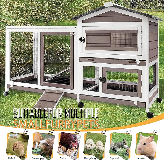 57" L Rabbit Hutch Indoor Outdoor 2 Story Large Bunny Hutch with Run Guinea Pig Cage Wooden Rabbit Cage with Removable 3 Pull Out Trays Pet House for Small-Medium Animals