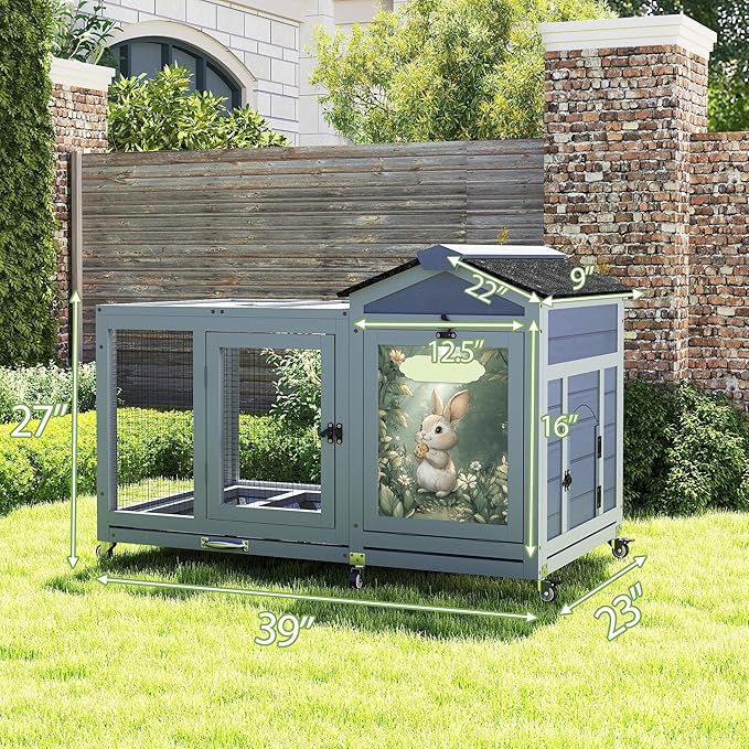 COZIWOW 39inches Assembled Wood Rabbit Hutch Indoor，Wide Space Small Animal Houses with Removable Tray&Safety Lock，Bunny Cage with Waterproof Roof&Solar Panels (Grey with Pattern)